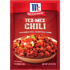 McCormick Tex-Mex Chili Seasoning Pack front, ready-to-use flavor enhancer for quick meals.