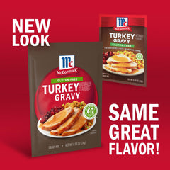 McCormick Turkey Gravy Mix being poured into a saucepan