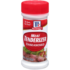 McCormick unseasoned meat tenderizer bottle on counter ready to tenderize beef.