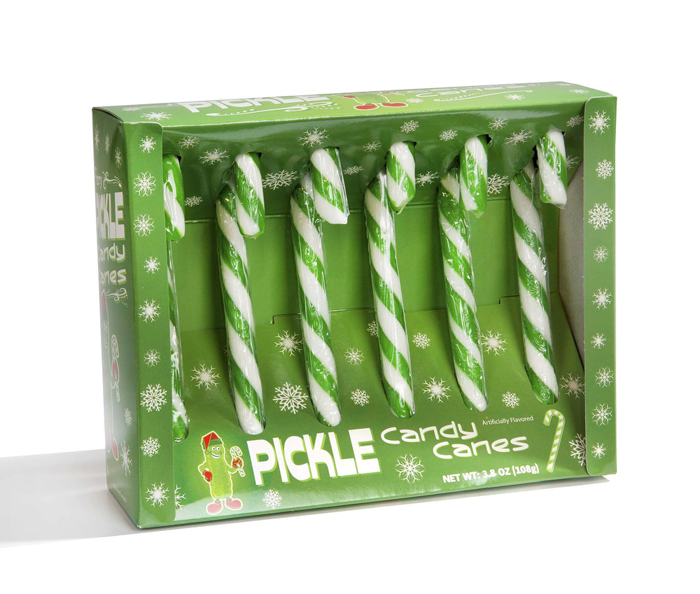 Mcphee Fancy Pickle Candy Cane in green packaging adds a savory holiday twist.