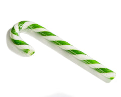 Close-up of Mcphee pickle-flavored candy cane showing dill tang and color.