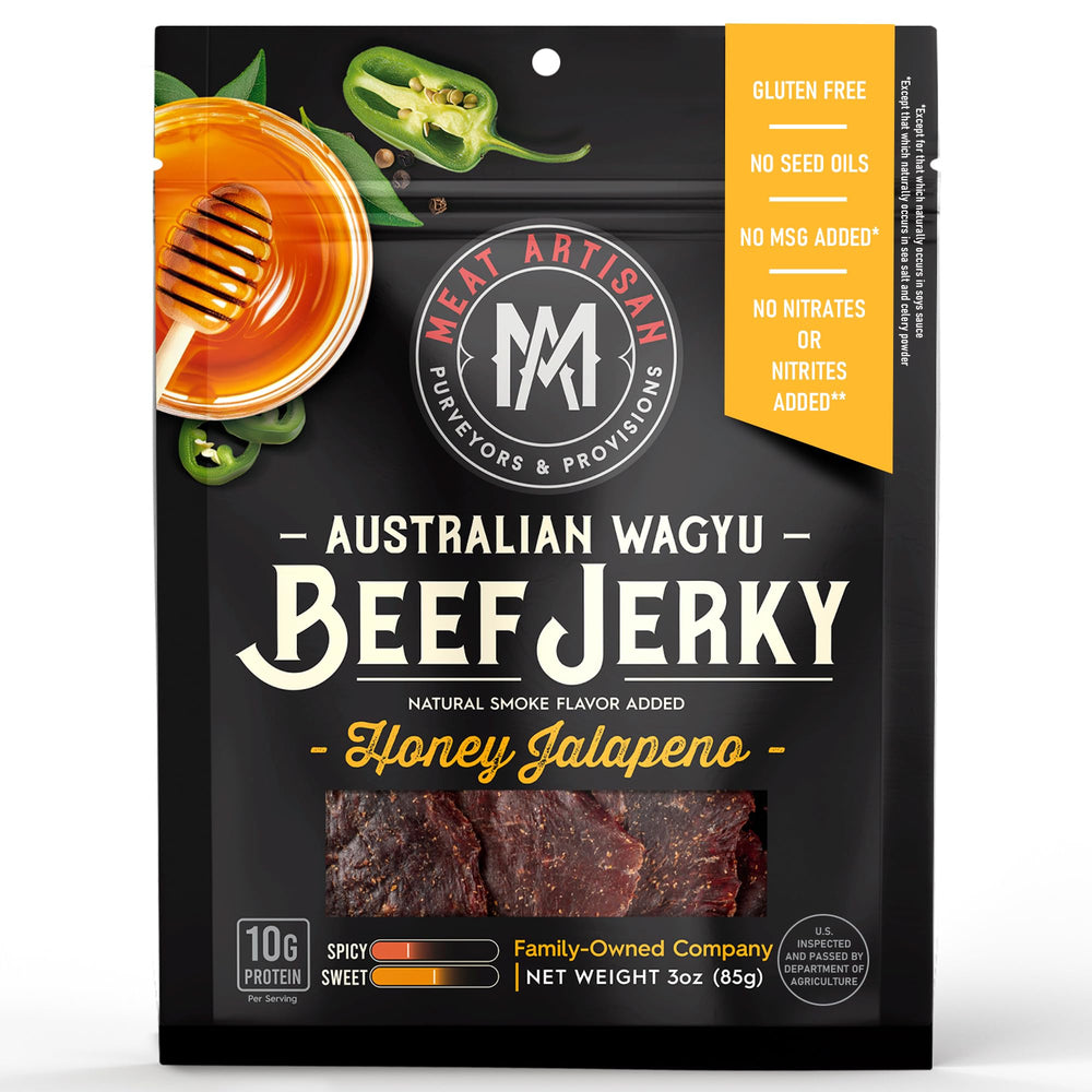 Meat Artisan Wagyu Honey Jalapeno jerky pack highlights premium texture for gourmet snacking.