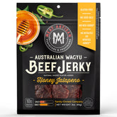 Meat Artisan Wagyu Honey Jalapeno jerky pack highlights premium texture for gourmet snacking.