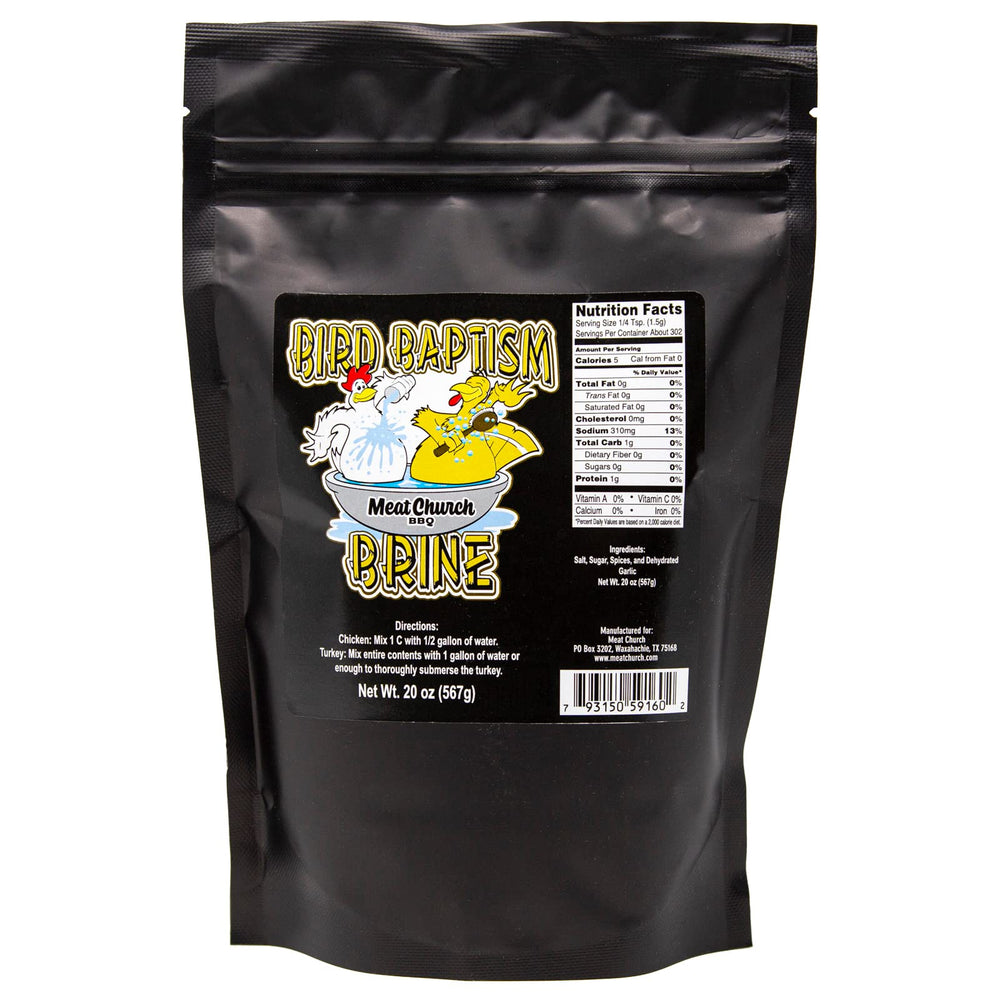 The Meat Church Bird Baptism Poultry Brine bottle helps produce moist, flavorful poultry.