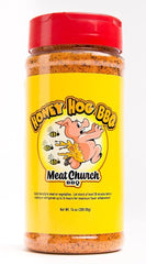 Meat Church Honey Hog rub close-up on bottle label highlighting versatile barbecue use.