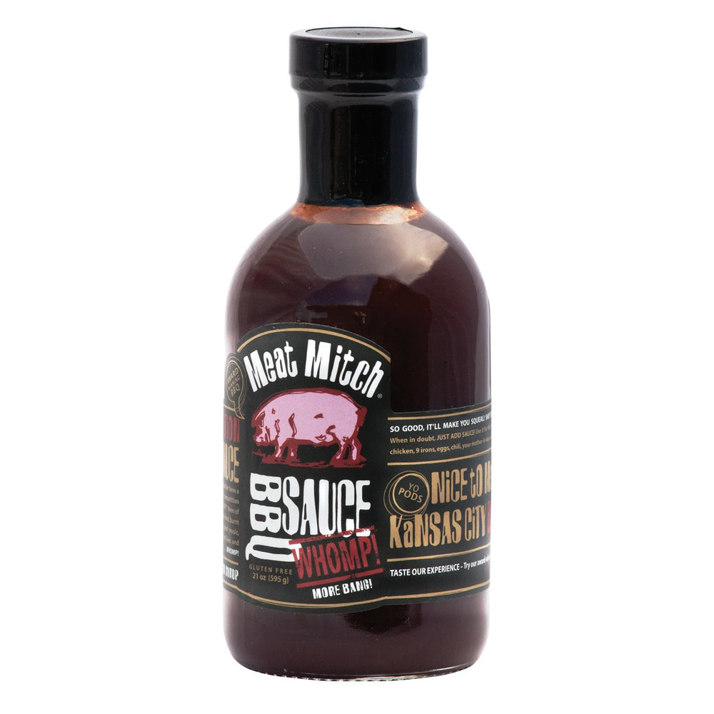 Meat Mitch WHOMP! BBQ sauce bottle front view enhances smoky flavor for grills