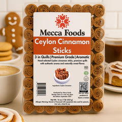 Mecca Foods Ceylon cinnamon quills close-up showing smooth texture