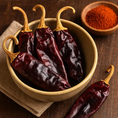 Sun-dried Mecca Foods Guajillo chiles showing rich color and texture.