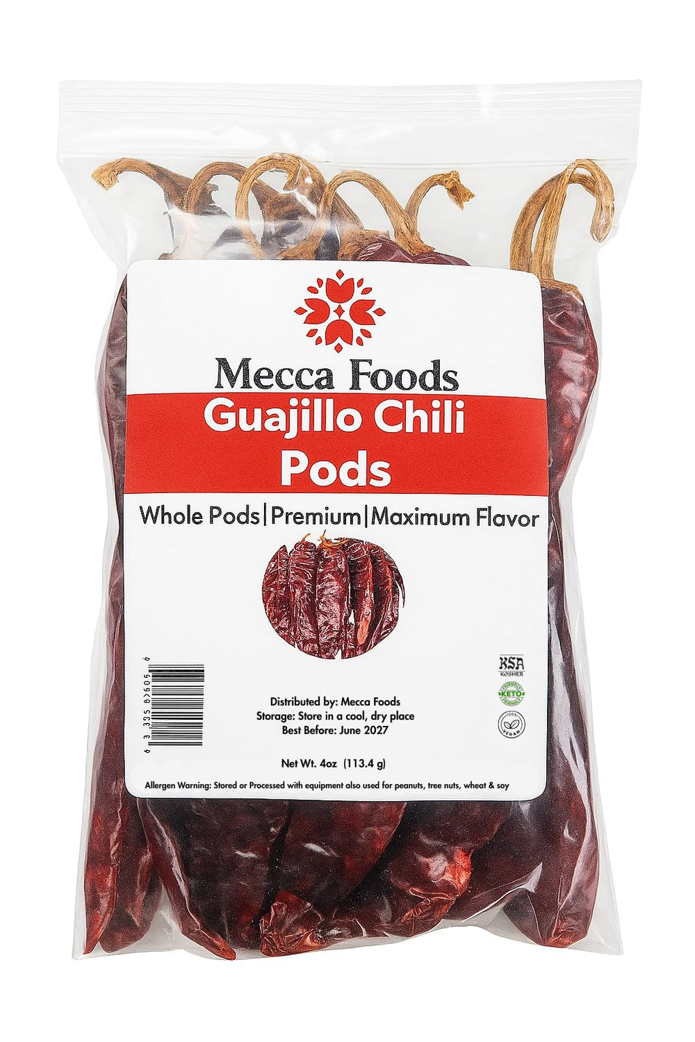 Mecca Foods Guajillo chiles, whole dried peppers for authentic Mexican flavor.
