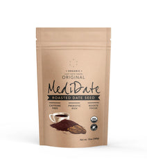 MediDate Coffee Alternative bottle with roasted date seeds supports digestion naturally.
