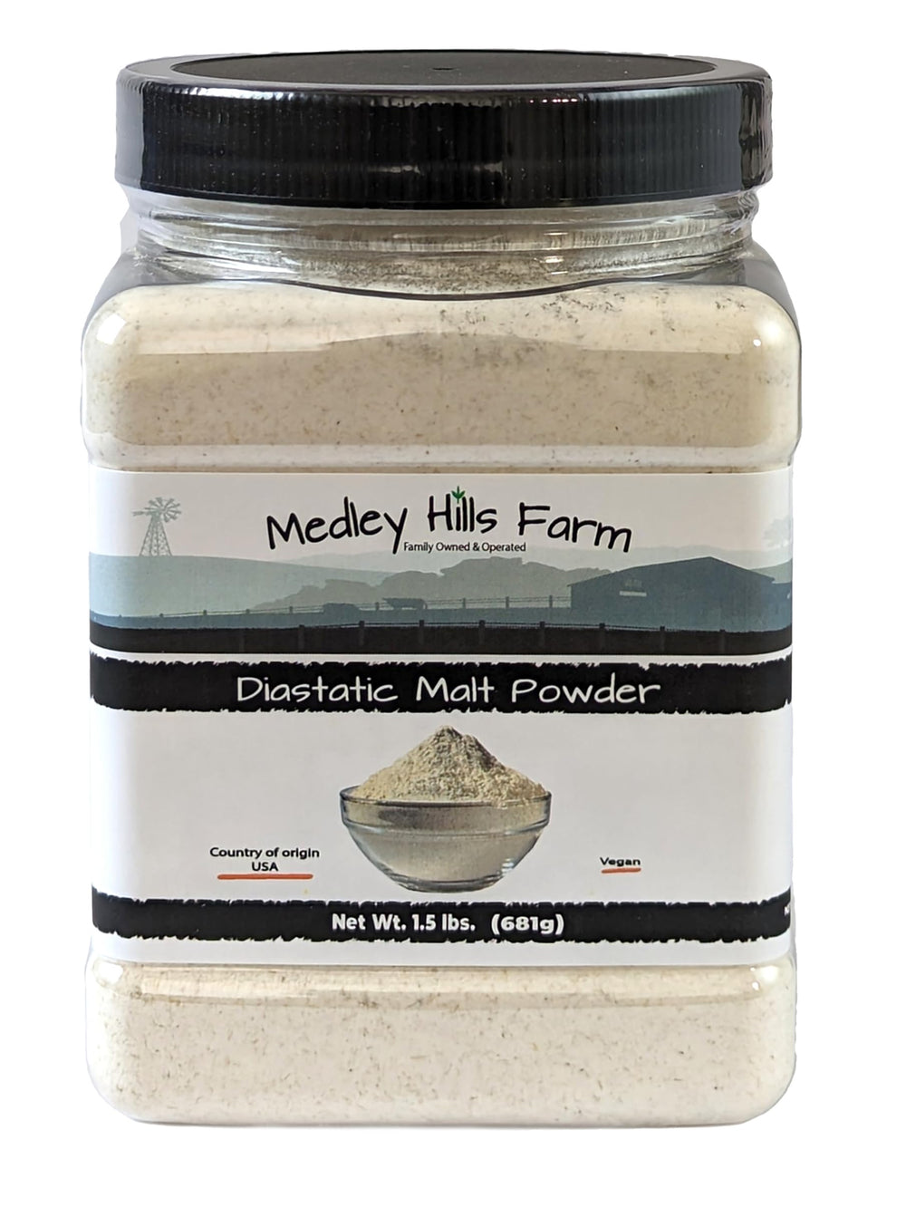 Medley Hills Farm diastatic malt powder in reusable container for easy storage.