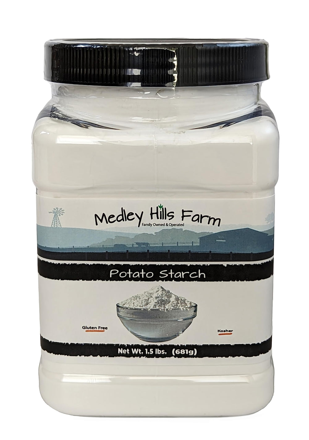Medley Hills Farm Potato Starch in a reusable container for easy storage.