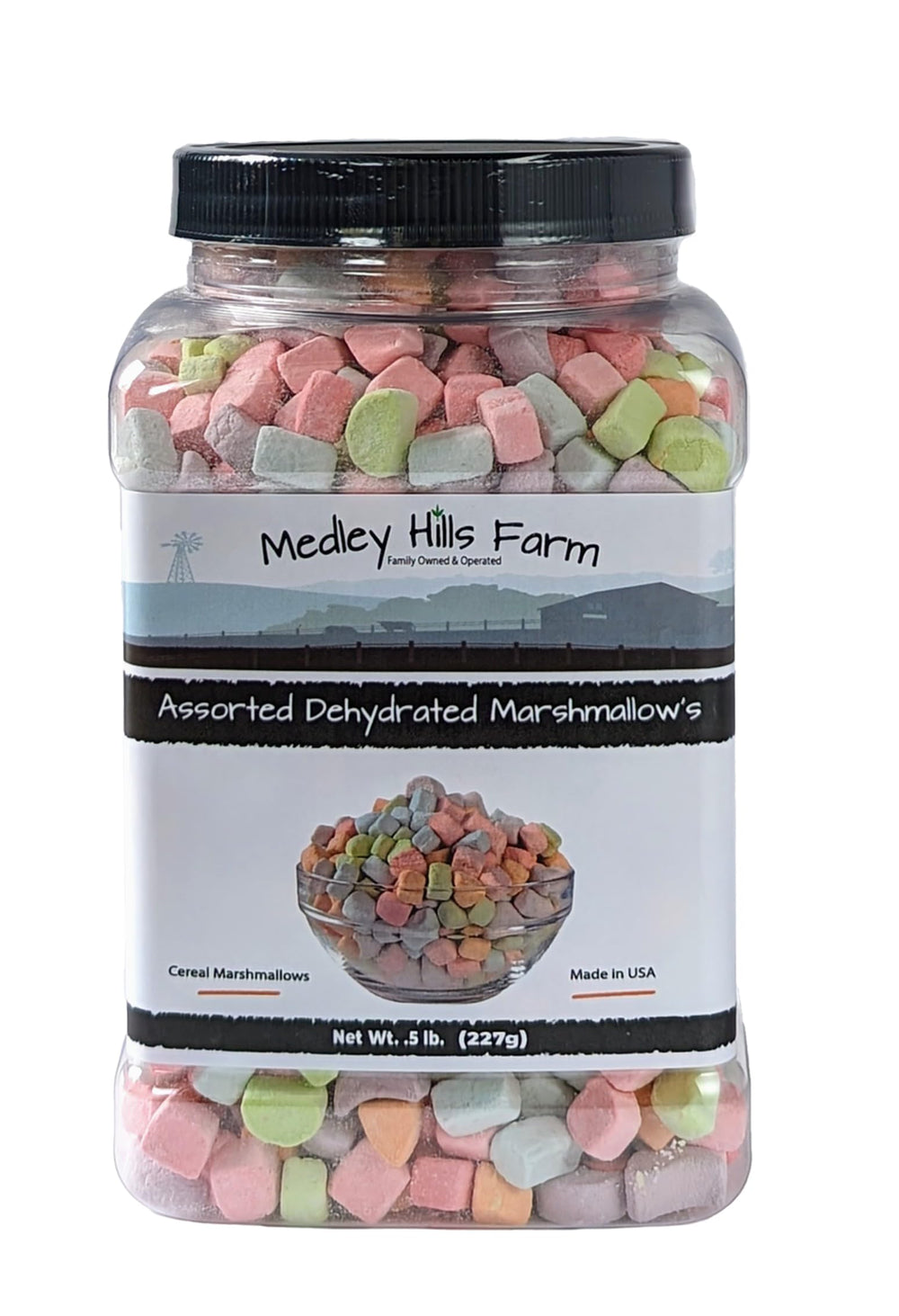 Medley Hills Farm reusable container with colorful dehydrated marshmallows for easy storage and topping.