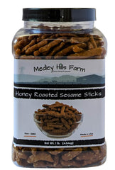 Medley Hills Farm honey roasted sesame sticks packaging emphasizes freshness and convenience.