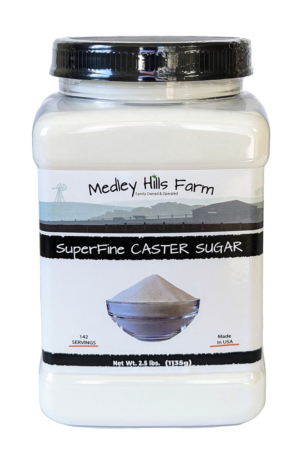 Medley Hills Farm superfine caster sugar bottle showing quick-dissolve texture for baking