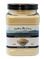 Medley Hills Farm unflavored gelatin powder in reusable container for easy storage and quick use.