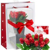 Meet Novelty Valentine chocolate rose bouquet displayed in a clear window box for gifting.