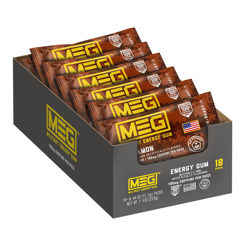 MEG Cinnamon Energy Gum pack-front highlights portable caffeine for quick workout energy.
