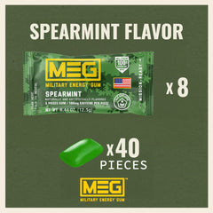 MEG Military Energy Gum chew highlights 100 mg caffeine for fast energy delivery.