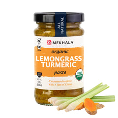 Mekhala Lemongrass Turmeric paste bottle adds gluten-free flavor quickly