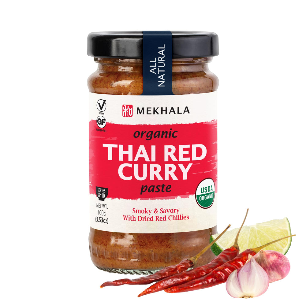 Mekhala Organic Thai Red Curry Paste jar showcasing authentic flavor base for quick meals