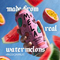 Mela Watermelon Water bottle top emphasizing recyclable packaging and clean ingredients