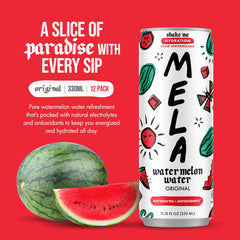 Mela Watermelon Water in a glass for on-the-go refreshment.