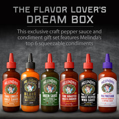 Melinda's Black Truffle Hot Sauce bottle, premium earthy heat for pasta or sandwiches.