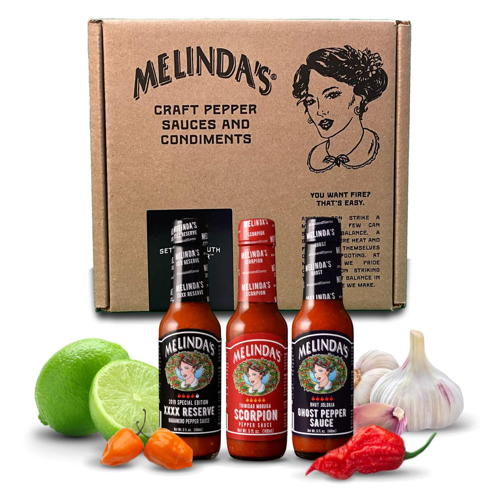 Melinda's Ghost Pepper hot sauce bottle delivers bold heat with tangy brightness.