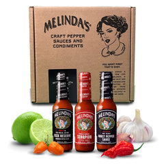 Melinda's Ghost Pepper hot sauce bottle delivers bold heat with tangy brightness.