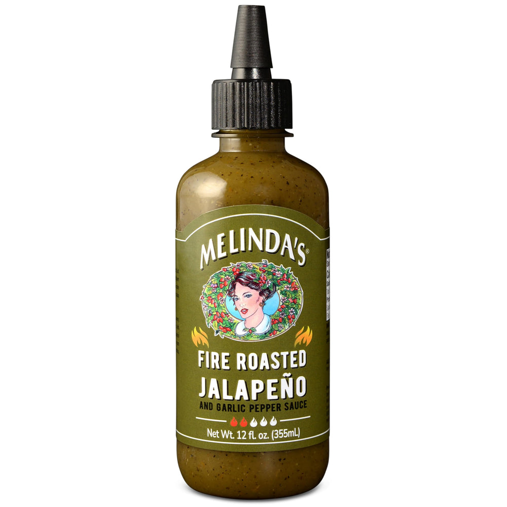 Melinda's Fire Roasted Jalapeño Garlic Sauce bottle adds smoky depth to meals.