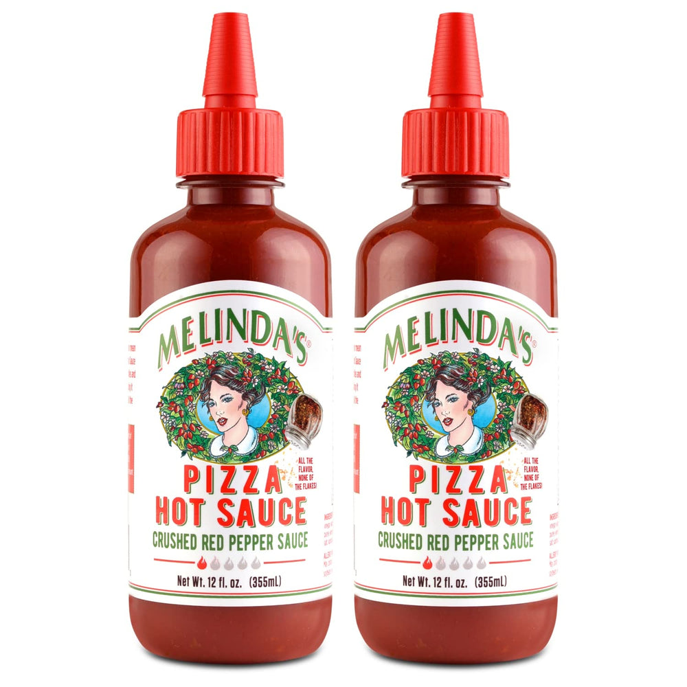Melinda’s Pizza Hot Sauce bottle closeup showcasing fresh ingredients and vibrant heat.
