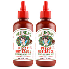 Melinda’s Pizza Hot Sauce bottle closeup showcasing fresh ingredients and vibrant heat.