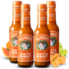 Melinda's Scotch Bonnet hot sauce bottle closed shows bold flavor potential for any dish.