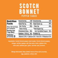 Melinda's Scotch Bonnet label front highlights premium tropical heat with papaya and lime.