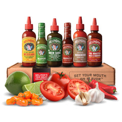 Melinda's Taco Sauce Collection pack on a kitchen counter for taco night