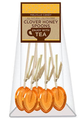 Melville Candy clover honey spoons for tea stirrers on wooden sticks, gluten-free and individually wrapped.