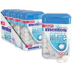 Mentos Always White gum bottle with 100 pieces for on-the-go freshness.