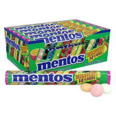 Mentos Chewy Mint Discovery roll close-up reveals vibrant fruit candies for a refreshing bite on the go.