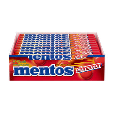 Mentos Cinnamon Chewy Mints pieces inside reveal crisp coating.