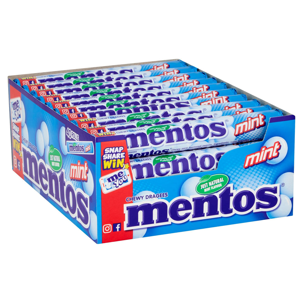MENTOS Mint Chewy Dragees pack-front illustrates a pocket-friendly minty snack.