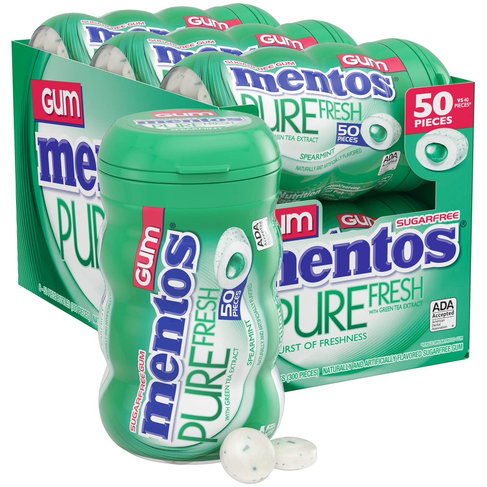 Mentos Pure Fresh sugar-free gum in a 50-piece bottle for on-the-go freshness.