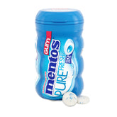 Mentos Pure Fresh sugar-free gum bottle close-up with mint flavor for desk freshness.