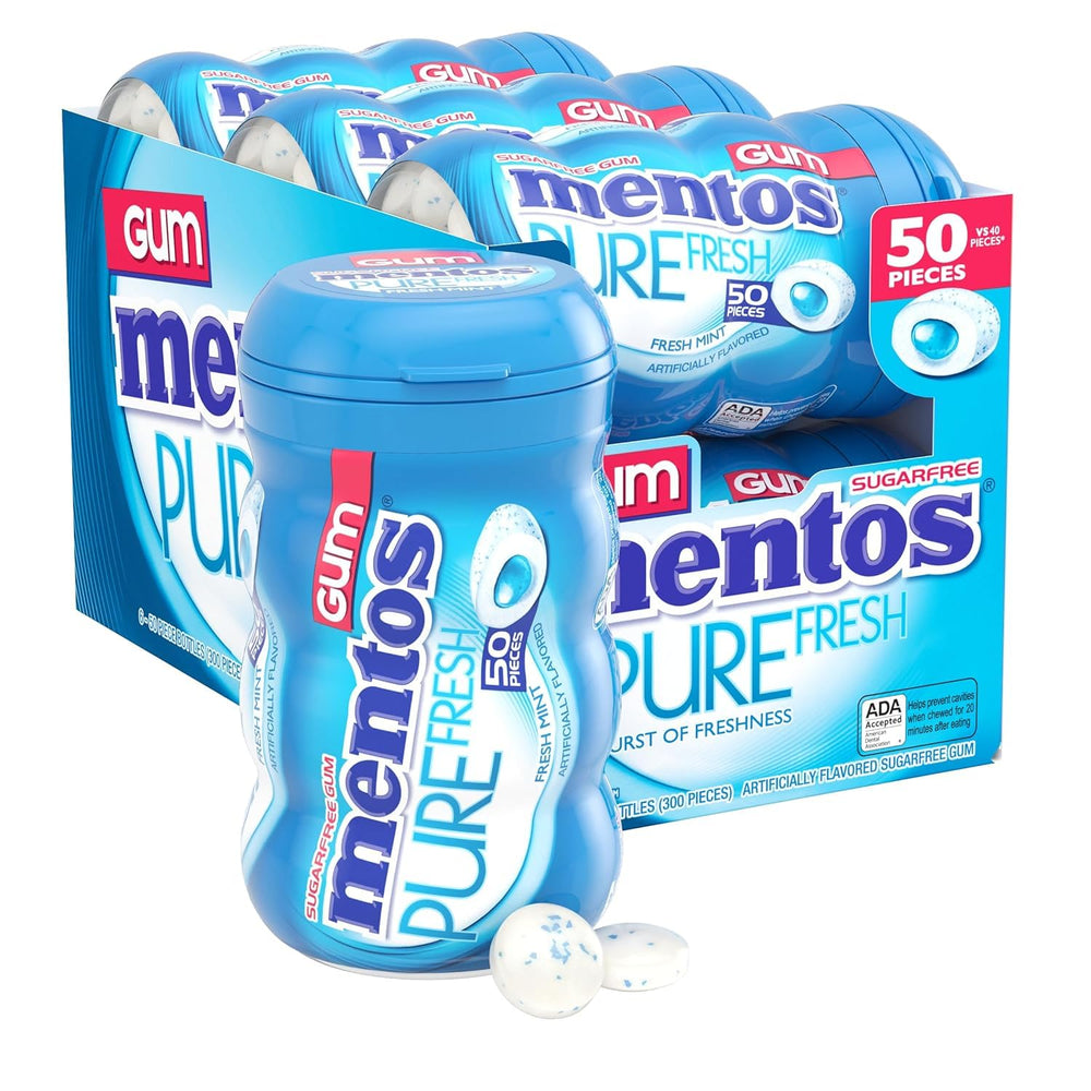 Mentos Pure Fresh gum bottle with curved design for desk or on-the-go freshness