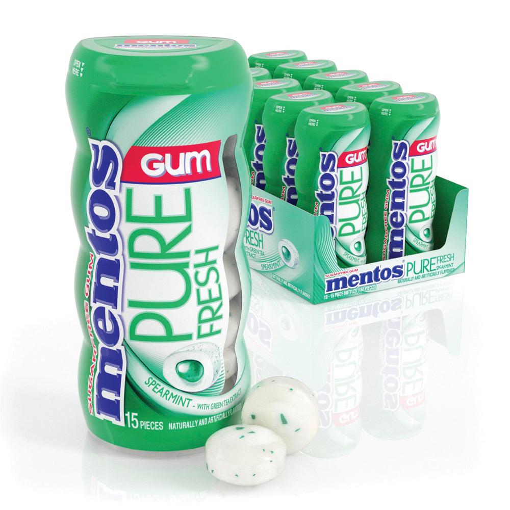 Mentos Pure Fresh sugar-free gum bottle with spearmint for on-the-go refresh