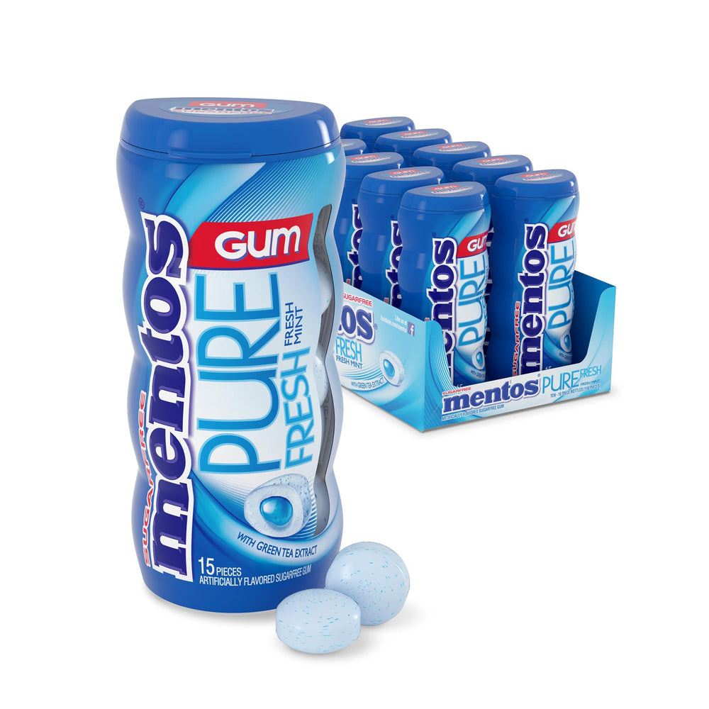 Mentos Pure Fresh sugar-free gum bottle delivers minty freshness.