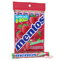 Mentos Strawberry Chewy Mint Roll packaging close-up for festive stocking stuffers.