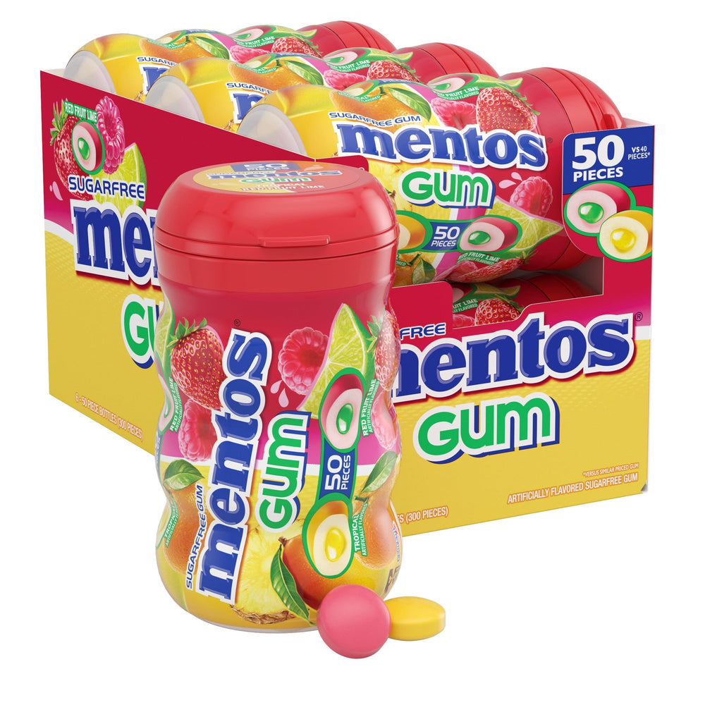 MENTOS Sugar-Free Gum red fruit lime packshot showing bulk freshness for on-the-go use