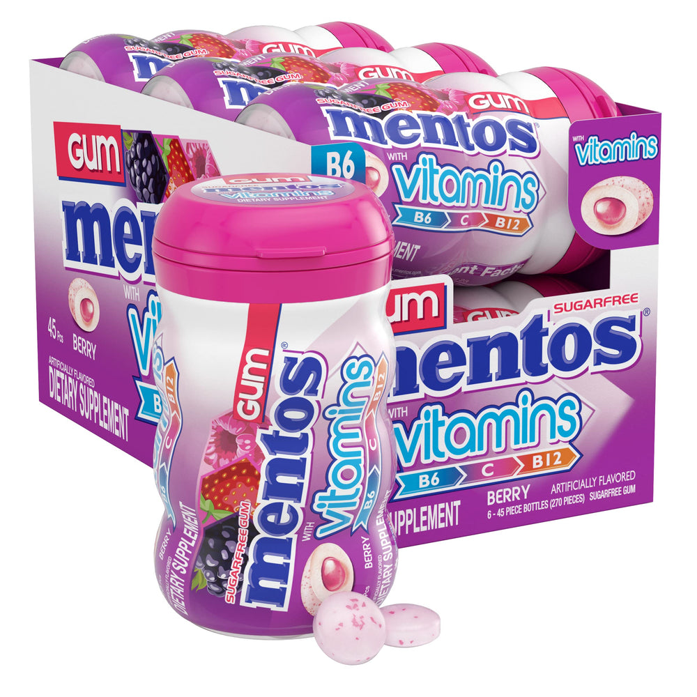 Mentos Vitamins Berry gum piece for fresh breath on the go.