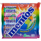 Mentos World Flavours eight-rolls variety pack display on colorful background